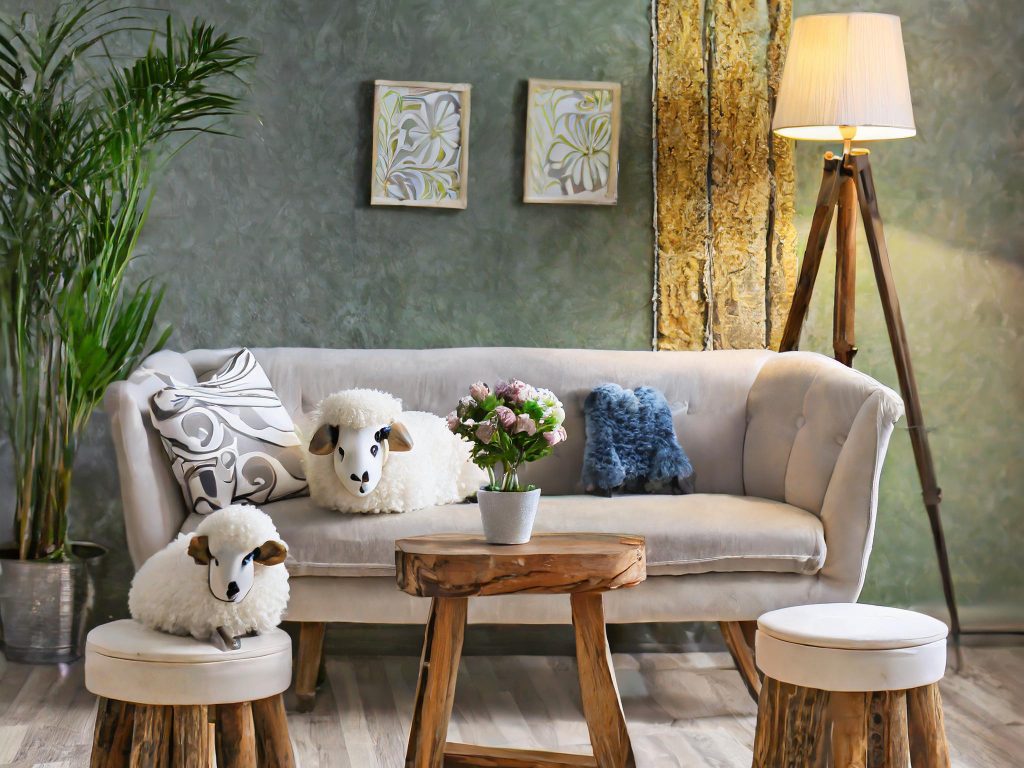 Firefly Couch, mit Tisch, zwei Hocker, mit einem Deko-Schaf 4049